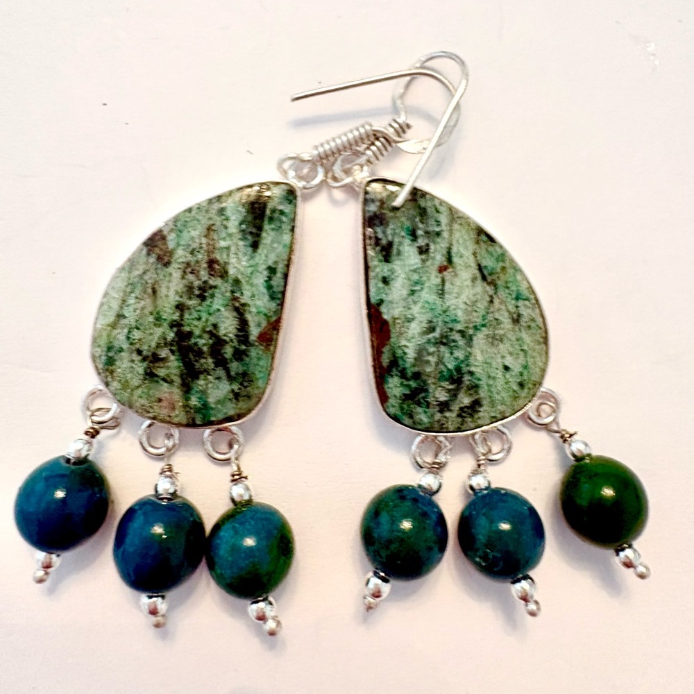 Gorgeous, 2 inch, beaded African Turquoise Chrysocolla earrings